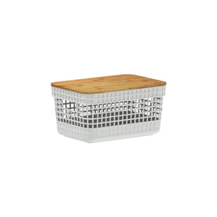 Cesto Organizador Grid Com Tampa De Bambu 2,5 Litros - Branco Oceano